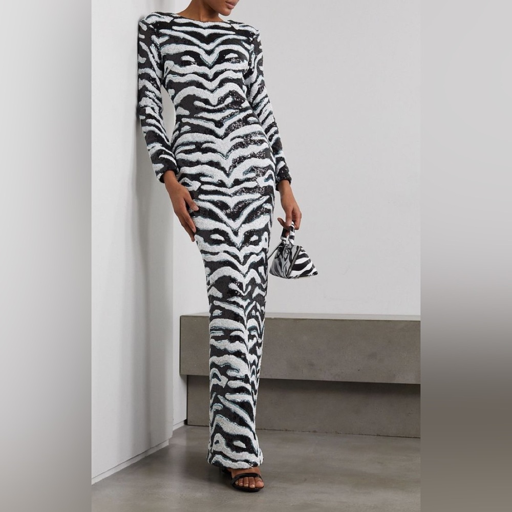 HALPERN Sequined Zebra-Print Tulle Maxi Dress FR 44 (approx US 12) NWT